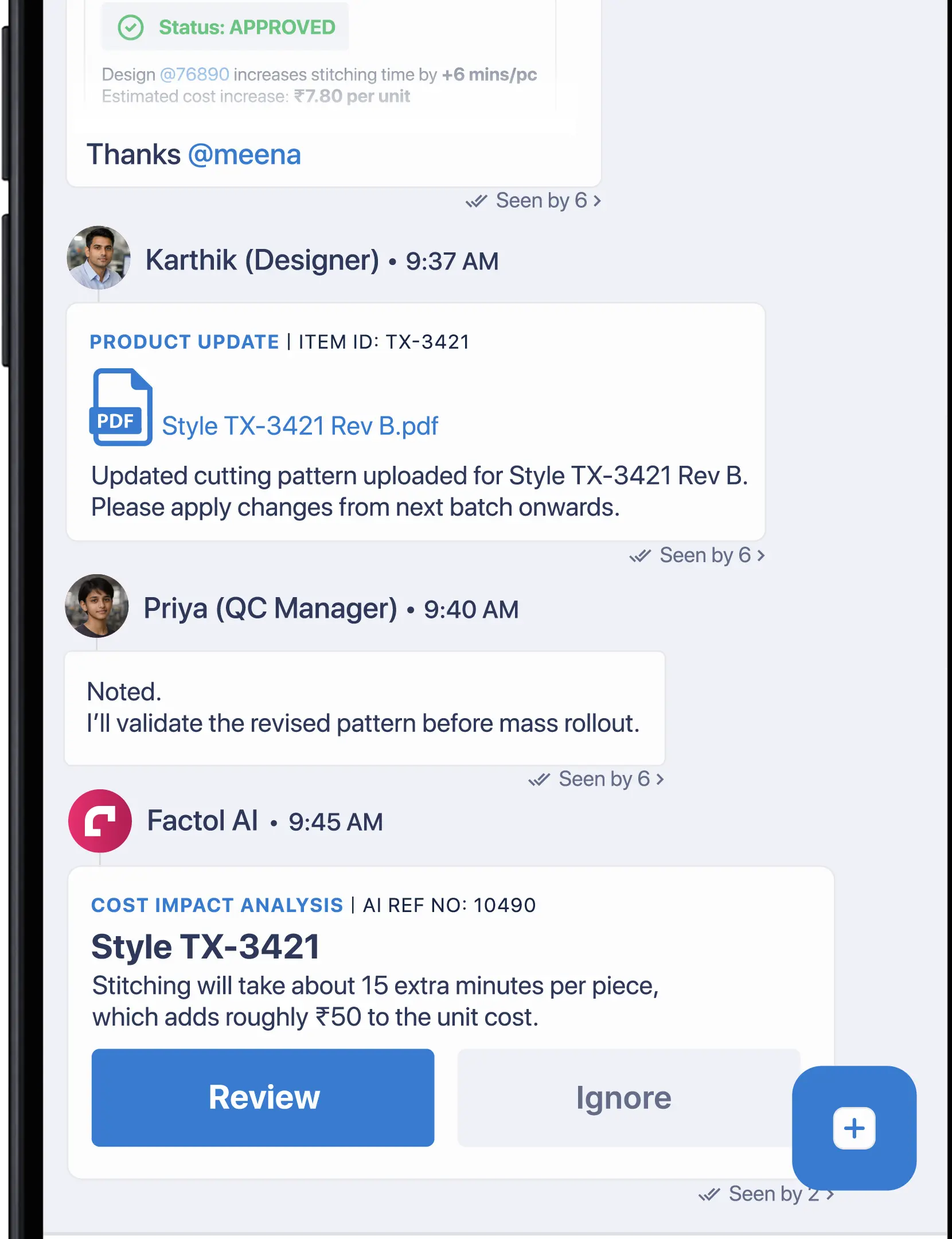 AI Cost Impact Analysis card — 'Stitching will take 15 extra minutes per piece, ₹50 added to unit cost' with Review and Ignore buttons