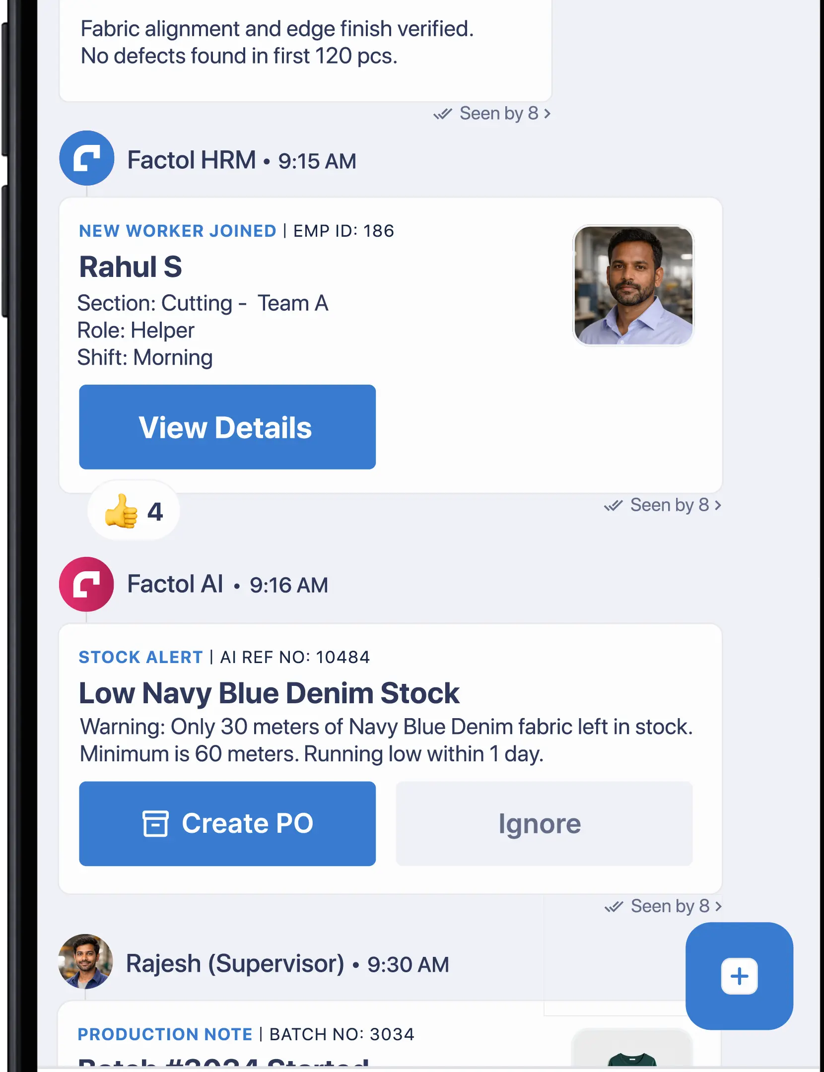 HR Update — 'New worker joined: Rahul S, Cutting Team A, Morning shift' with View Details and team reactions