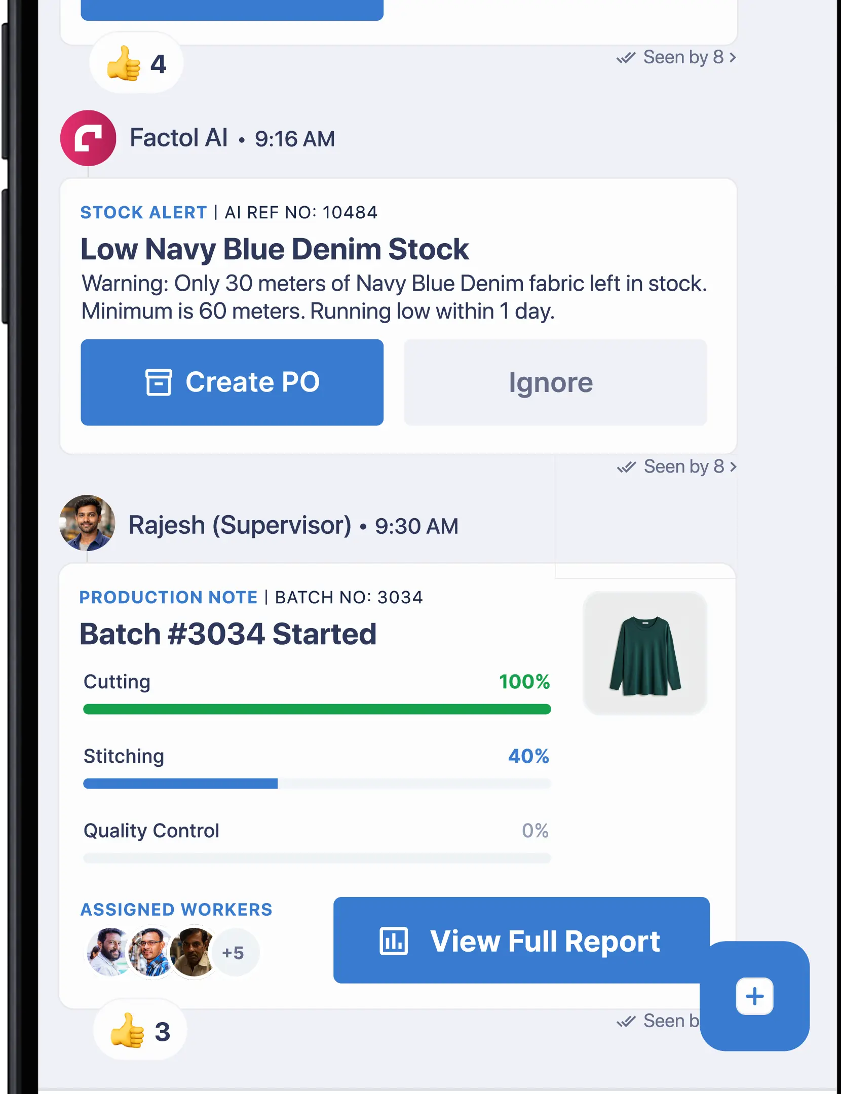 Production Note — Batch #3034 with Cutting 100%, Stitching 40%, QC 0% live progress bars and assigned workers