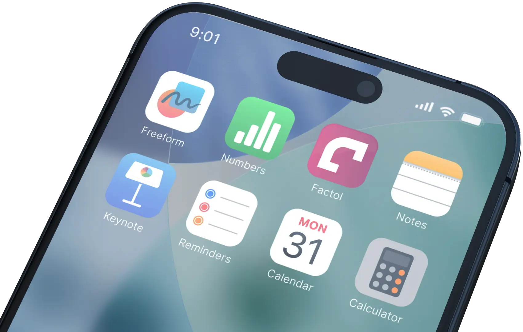 The factol app icon on an iPhone home screen alongside Notes, Calendar and Reminders