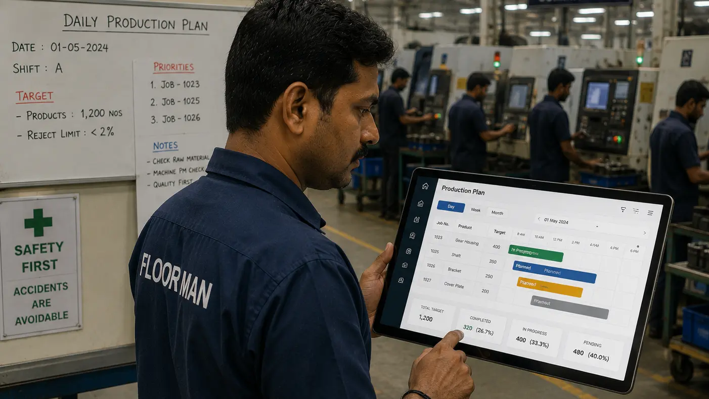 Floor manager checking production plan on a tablet
