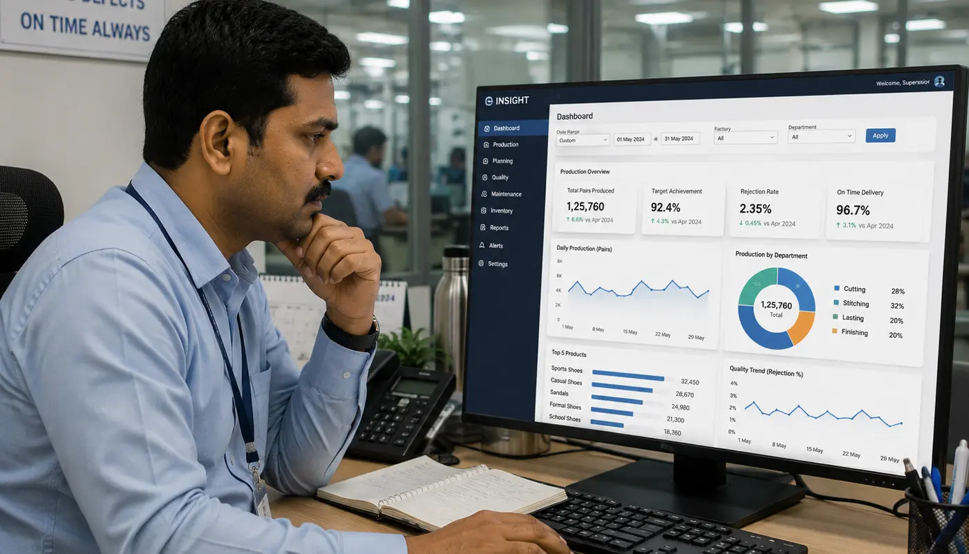Manager reviewing daily production insights from his desk