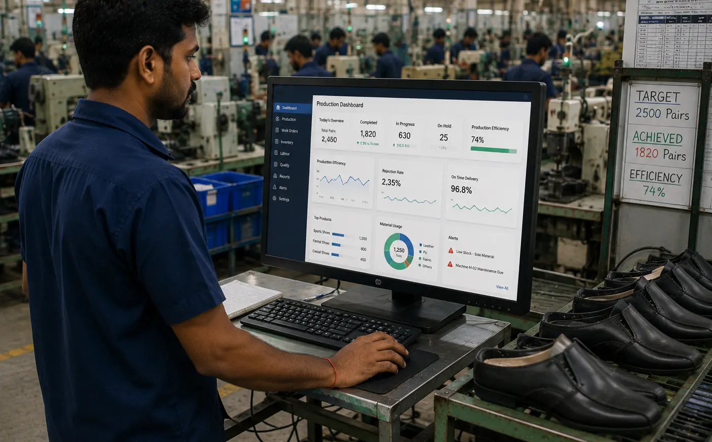 Operator using a production dashboard on the shopfloor
